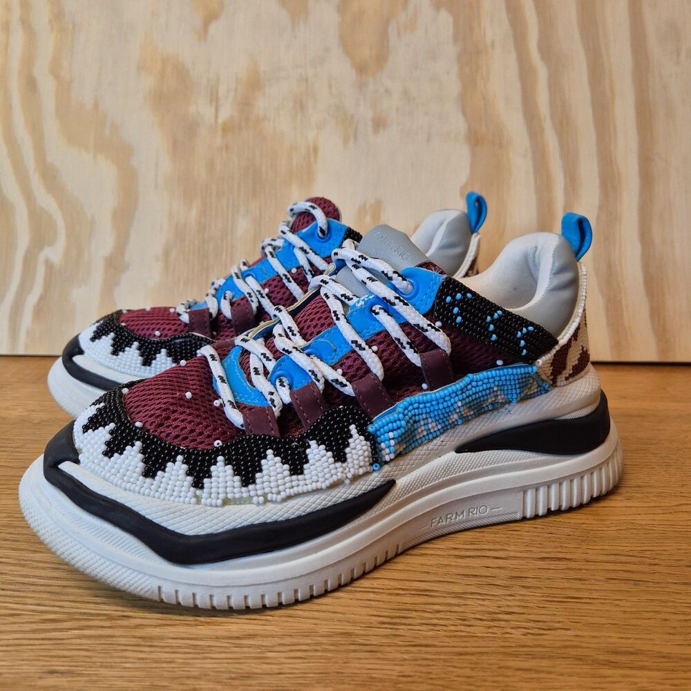 Farm Rio Women's Beaded Sneakers Size 6 White Burgundy Blue Black Brazil Style
